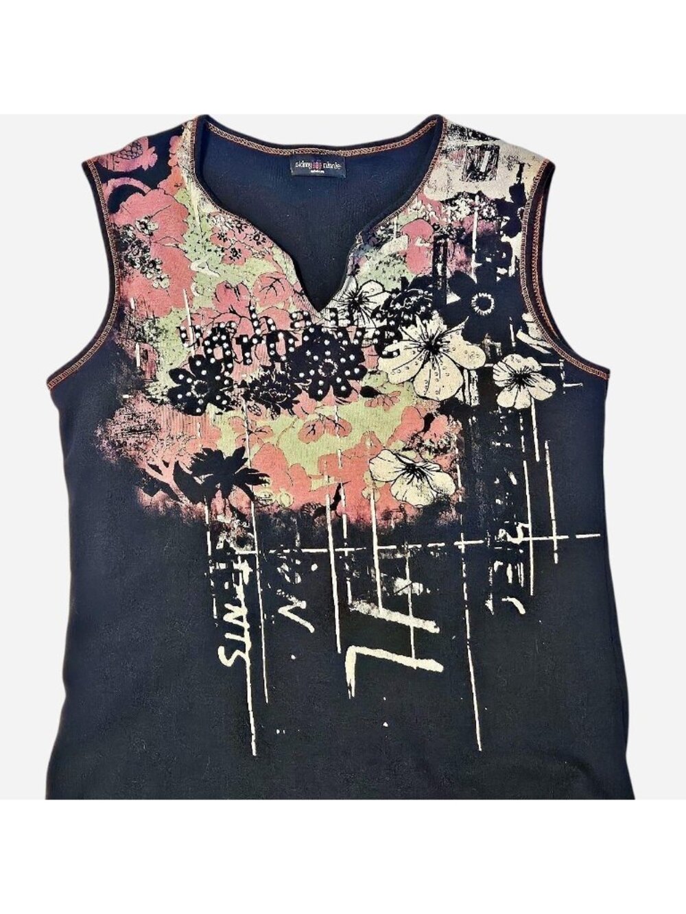 Vintage Y2K Rhinstone Black and Pink Tank Top Size Medium